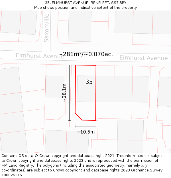 35, ELMHURST AVENUE, BENFLEET, SS7 5RY: Plot and title map