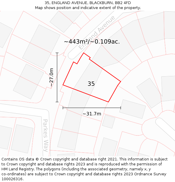 35, ENGLAND AVENUE, BLACKBURN, BB2 4FD: Plot and title map