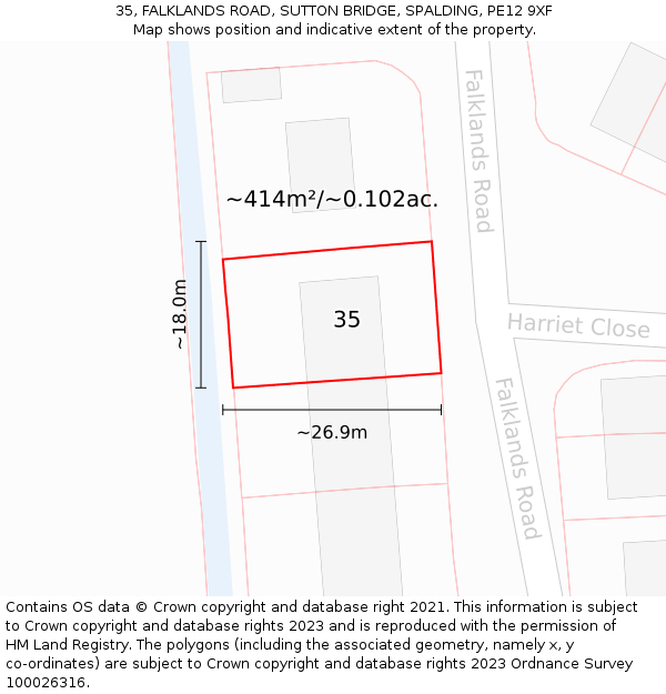 35, FALKLANDS ROAD, SUTTON BRIDGE, SPALDING, PE12 9XF: Plot and title map