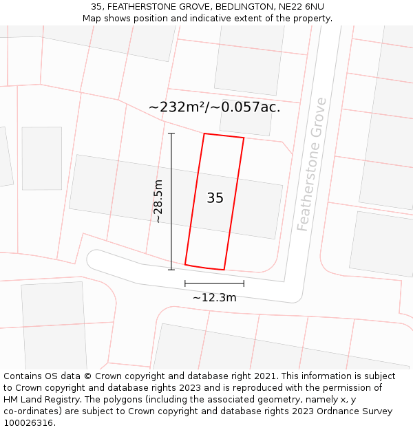 35, FEATHERSTONE GROVE, BEDLINGTON, NE22 6NU: Plot and title map