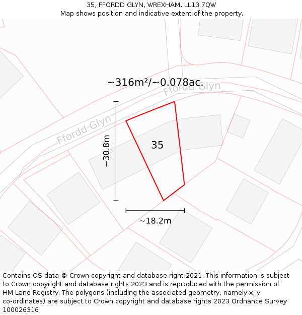 35, FFORDD GLYN, WREXHAM, LL13 7QW: Plot and title map