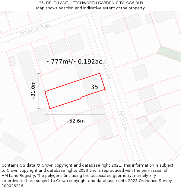 35, FIELD LANE, LETCHWORTH GARDEN CITY, SG6 3LD: Plot and title map