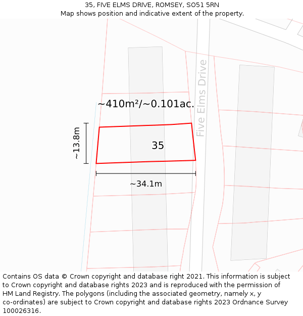 35, FIVE ELMS DRIVE, ROMSEY, SO51 5RN: Plot and title map