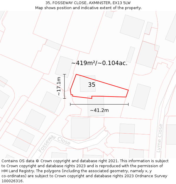 35, FOSSEWAY CLOSE, AXMINSTER, EX13 5LW: Plot and title map