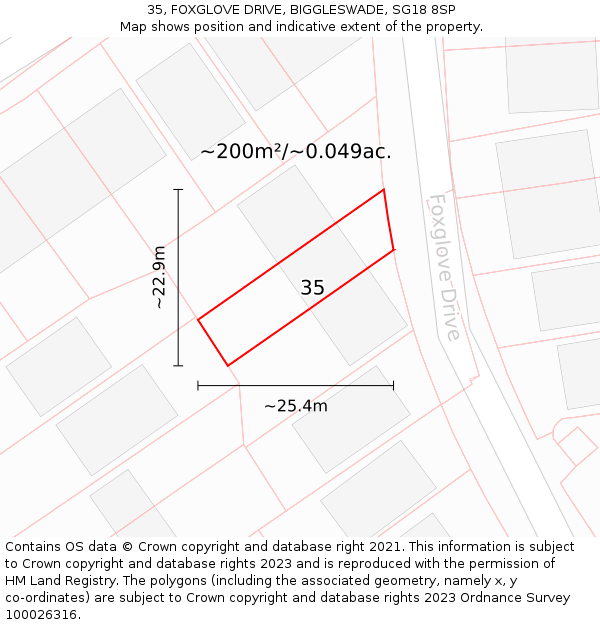 35, FOXGLOVE DRIVE, BIGGLESWADE, SG18 8SP: Plot and title map