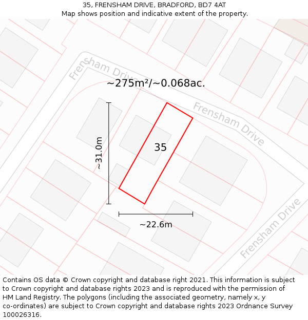 35, FRENSHAM DRIVE, BRADFORD, BD7 4AT: Plot and title map