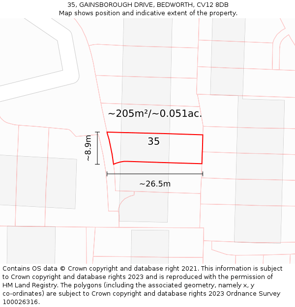 35, GAINSBOROUGH DRIVE, BEDWORTH, CV12 8DB: Plot and title map