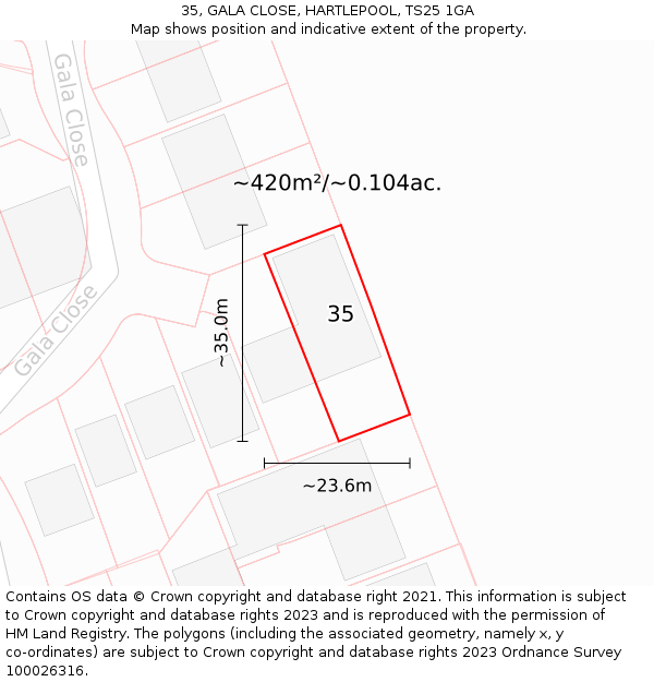 35, GALA CLOSE, HARTLEPOOL, TS25 1GA: Plot and title map