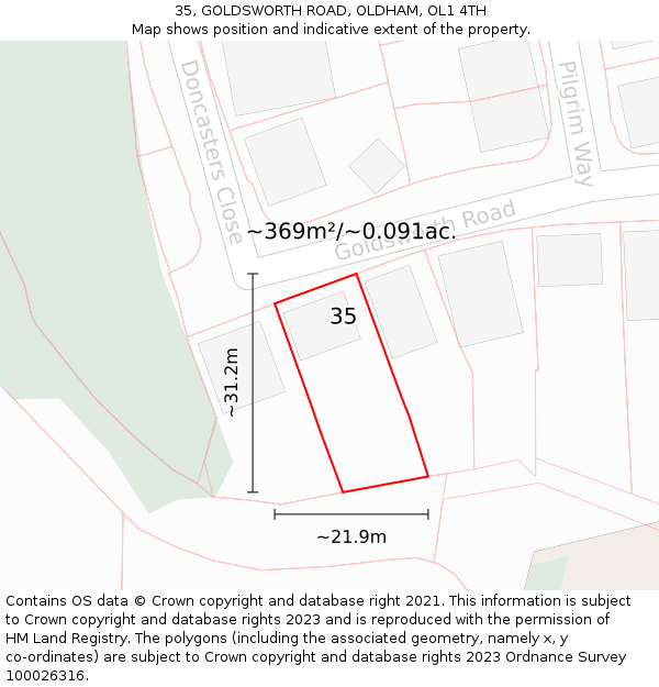 35, GOLDSWORTH ROAD, OLDHAM, OL1 4TH: Plot and title map