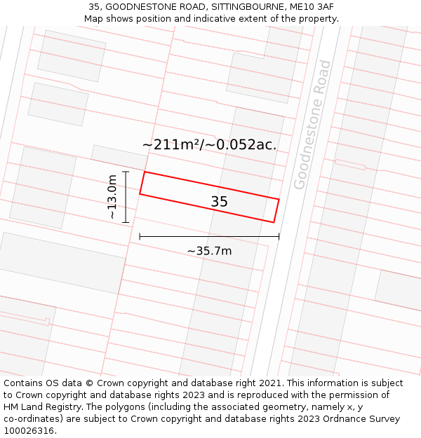 35, GOODNESTONE ROAD, SITTINGBOURNE, ME10 3AF: Plot and title map