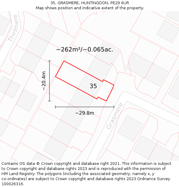 35, GRASMERE, HUNTINGDON, PE29 6UR: Plot and title map