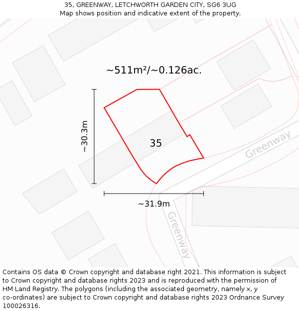 35, GREENWAY, LETCHWORTH GARDEN CITY, SG6 3UG: Plot and title map