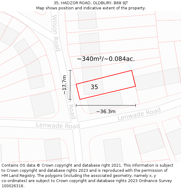 35, HADZOR ROAD, OLDBURY, B68 9JT: Plot and title map