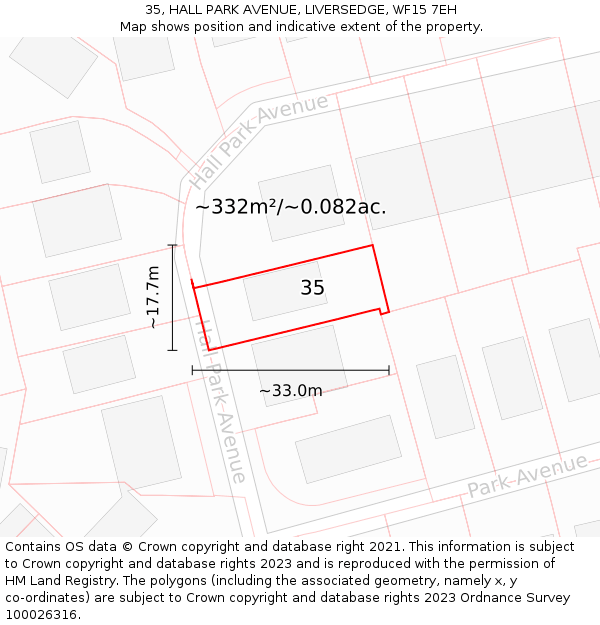 35, HALL PARK AVENUE, LIVERSEDGE, WF15 7EH: Plot and title map