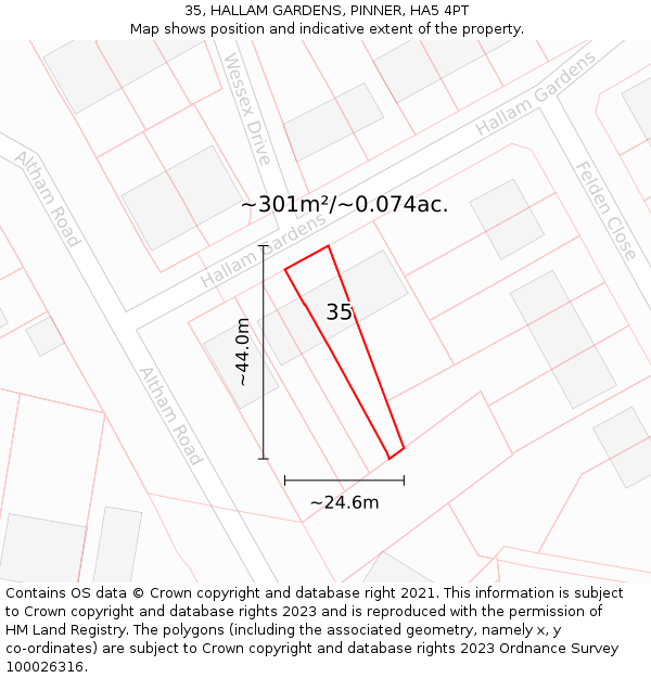 35, HALLAM GARDENS, PINNER, HA5 4PT: Plot and title map