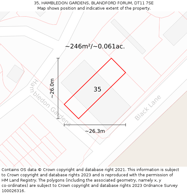 35, HAMBLEDON GARDENS, BLANDFORD FORUM, DT11 7SE: Plot and title map