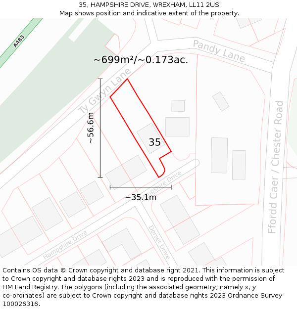 35, HAMPSHIRE DRIVE, WREXHAM, LL11 2US: Plot and title map