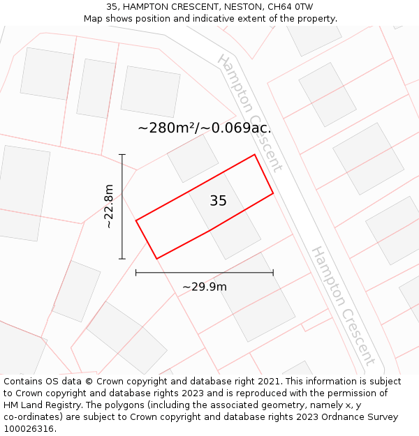 35, HAMPTON CRESCENT, NESTON, CH64 0TW: Plot and title map