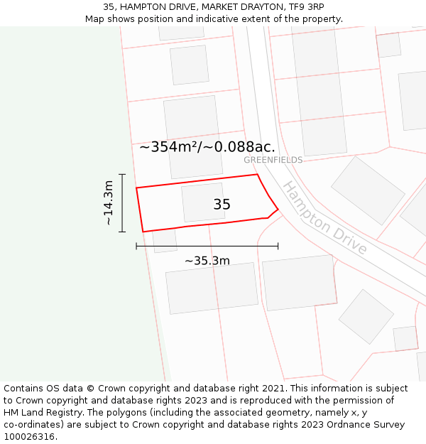 35, HAMPTON DRIVE, MARKET DRAYTON, TF9 3RP: Plot and title map