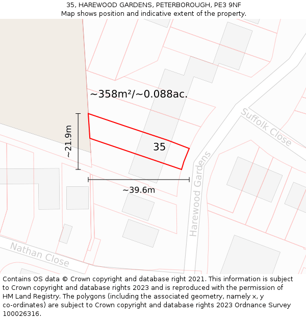 35, HAREWOOD GARDENS, PETERBOROUGH, PE3 9NF: Plot and title map