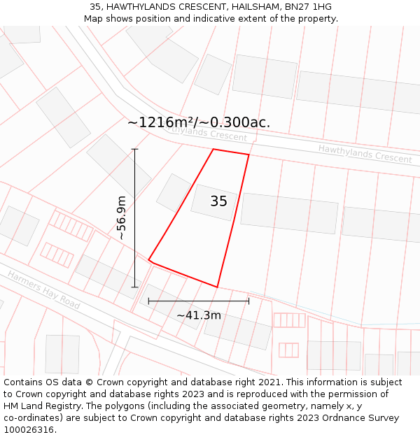 35, HAWTHYLANDS CRESCENT, HAILSHAM, BN27 1HG: Plot and title map