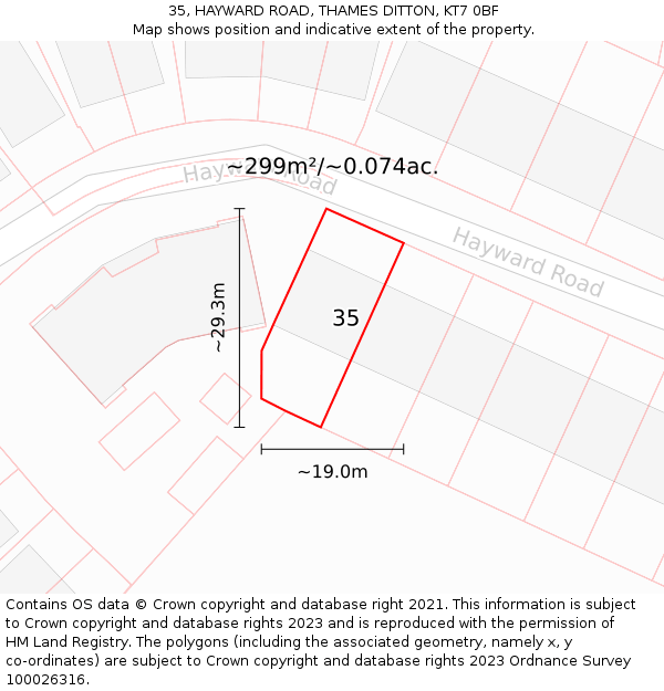 35, HAYWARD ROAD, THAMES DITTON, KT7 0BF: Plot and title map