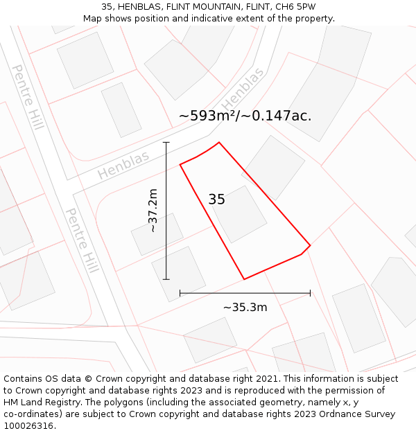 35, HENBLAS, FLINT MOUNTAIN, FLINT, CH6 5PW: Plot and title map