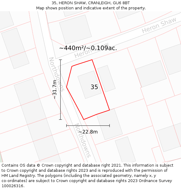 35, HERON SHAW, CRANLEIGH, GU6 8BT: Plot and title map