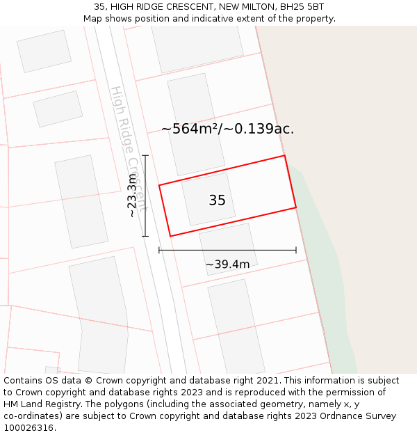 35, HIGH RIDGE CRESCENT, NEW MILTON, BH25 5BT: Plot and title map