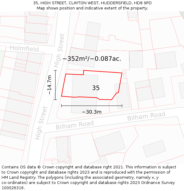 35, HIGH STREET, CLAYTON WEST, HUDDERSFIELD, HD8 9PD: Plot and title map