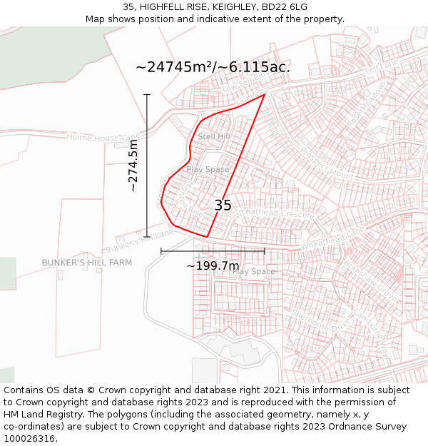35, HIGHFELL RISE, KEIGHLEY, BD22 6LG: Plot and title map