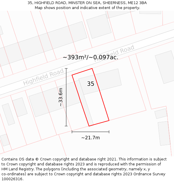 35, HIGHFIELD ROAD, MINSTER ON SEA, SHEERNESS, ME12 3BA: Plot and title map