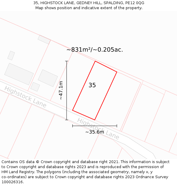 35, HIGHSTOCK LANE, GEDNEY HILL, SPALDING, PE12 0QG: Plot and title map