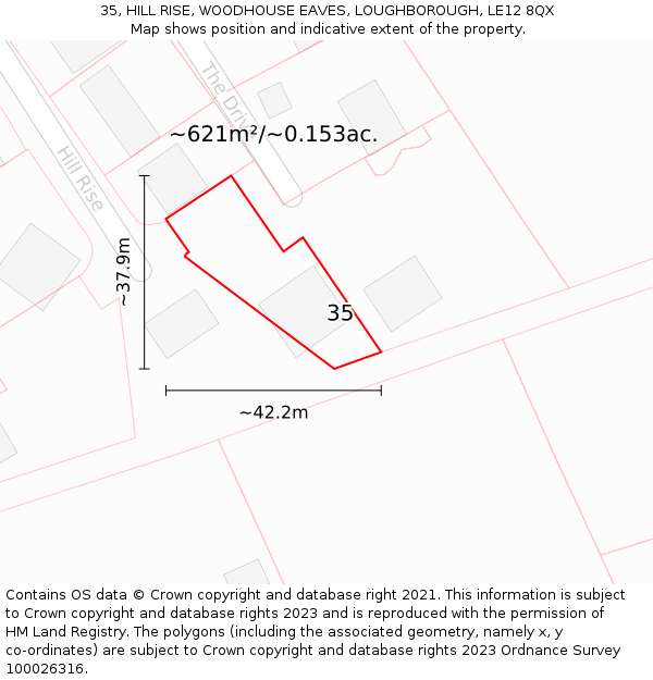 35, HILL RISE, WOODHOUSE EAVES, LOUGHBOROUGH, LE12 8QX: Plot and title map