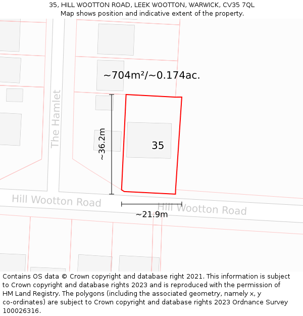 35, HILL WOOTTON ROAD, LEEK WOOTTON, WARWICK, CV35 7QL: Plot and title map