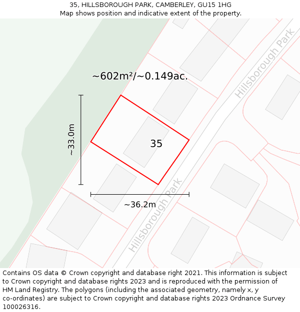 35, HILLSBOROUGH PARK, CAMBERLEY, GU15 1HG: Plot and title map