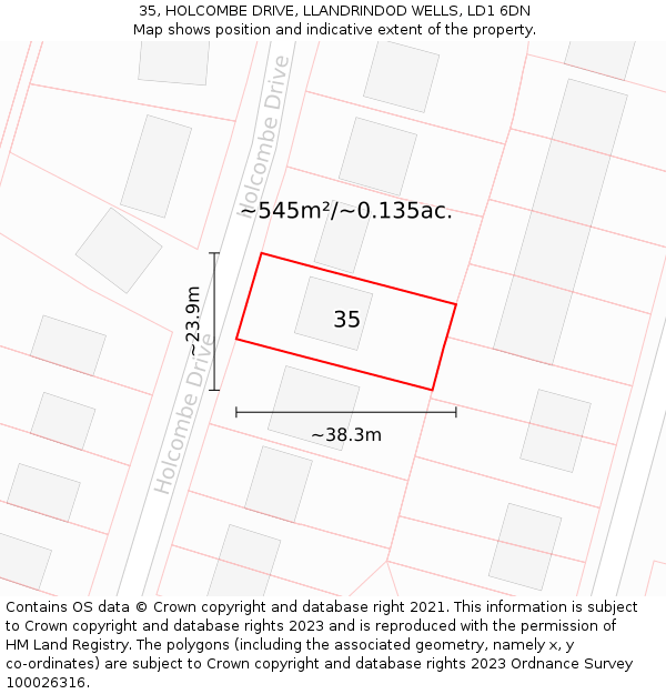 35, HOLCOMBE DRIVE, LLANDRINDOD WELLS, LD1 6DN: Plot and title map