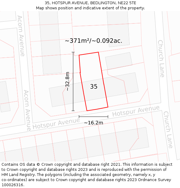 35, HOTSPUR AVENUE, BEDLINGTON, NE22 5TE: Plot and title map