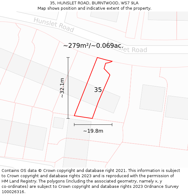 35, HUNSLET ROAD, BURNTWOOD, WS7 9LA: Plot and title map