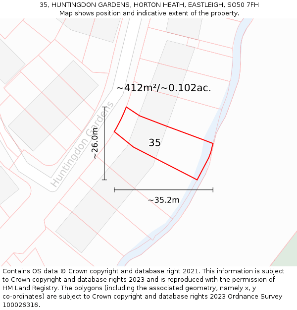 35, HUNTINGDON GARDENS, HORTON HEATH, EASTLEIGH, SO50 7FH: Plot and title map