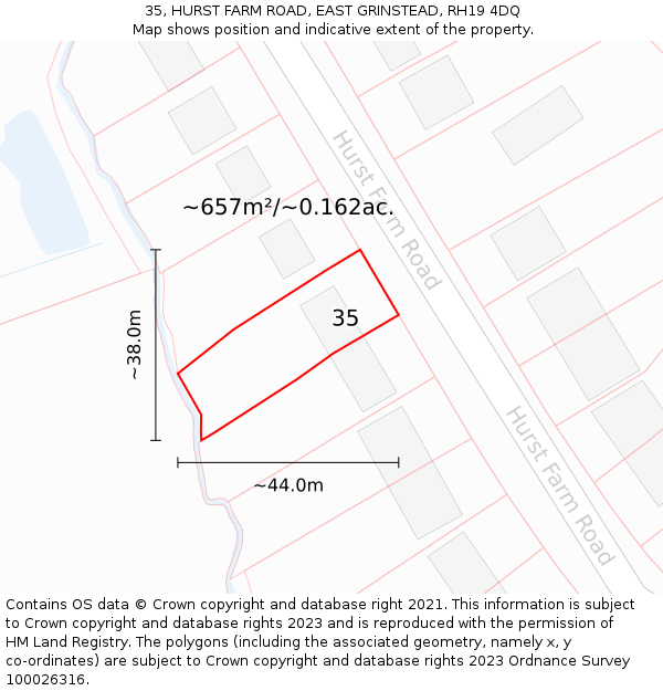 35, HURST FARM ROAD, EAST GRINSTEAD, RH19 4DQ: Plot and title map