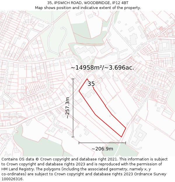 35, IPSWICH ROAD, WOODBRIDGE, IP12 4BT: Plot and title map