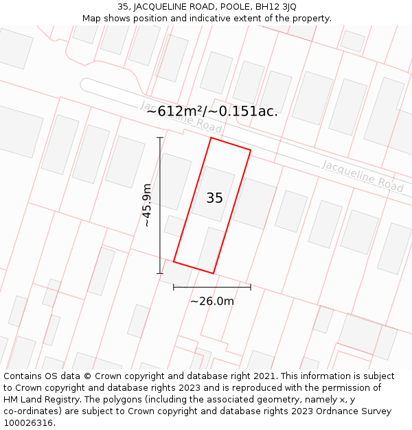 35, JACQUELINE ROAD, POOLE, BH12 3JQ: Plot and title map