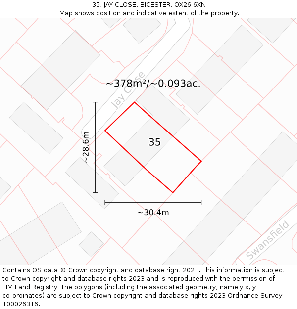 35, JAY CLOSE, BICESTER, OX26 6XN: Plot and title map