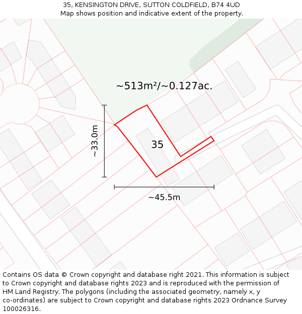 35, KENSINGTON DRIVE, SUTTON COLDFIELD, B74 4UD: Plot and title map