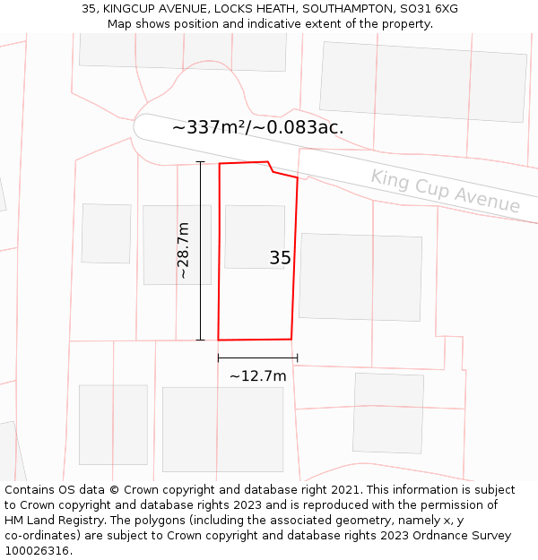 35, KINGCUP AVENUE, LOCKS HEATH, SOUTHAMPTON, SO31 6XG: Plot and title map