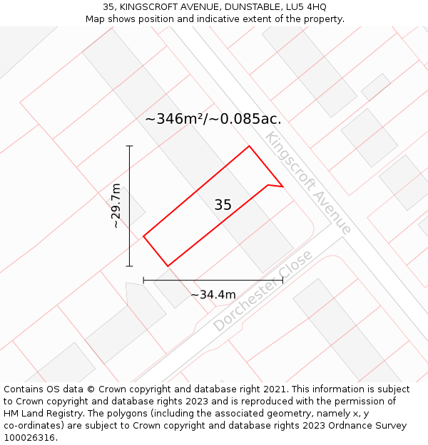 35, KINGSCROFT AVENUE, DUNSTABLE, LU5 4HQ: Plot and title map