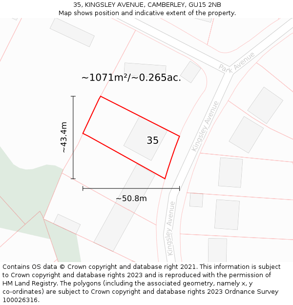 35, KINGSLEY AVENUE, CAMBERLEY, GU15 2NB: Plot and title map
