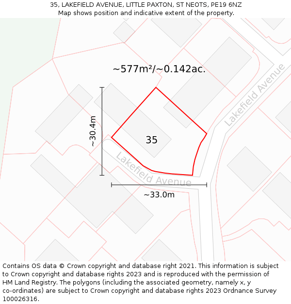 35, LAKEFIELD AVENUE, LITTLE PAXTON, ST NEOTS, PE19 6NZ: Plot and title map