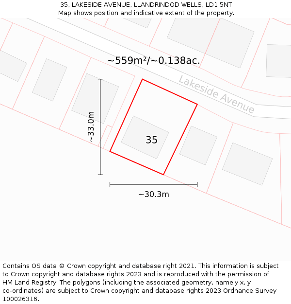 35, LAKESIDE AVENUE, LLANDRINDOD WELLS, LD1 5NT: Plot and title map